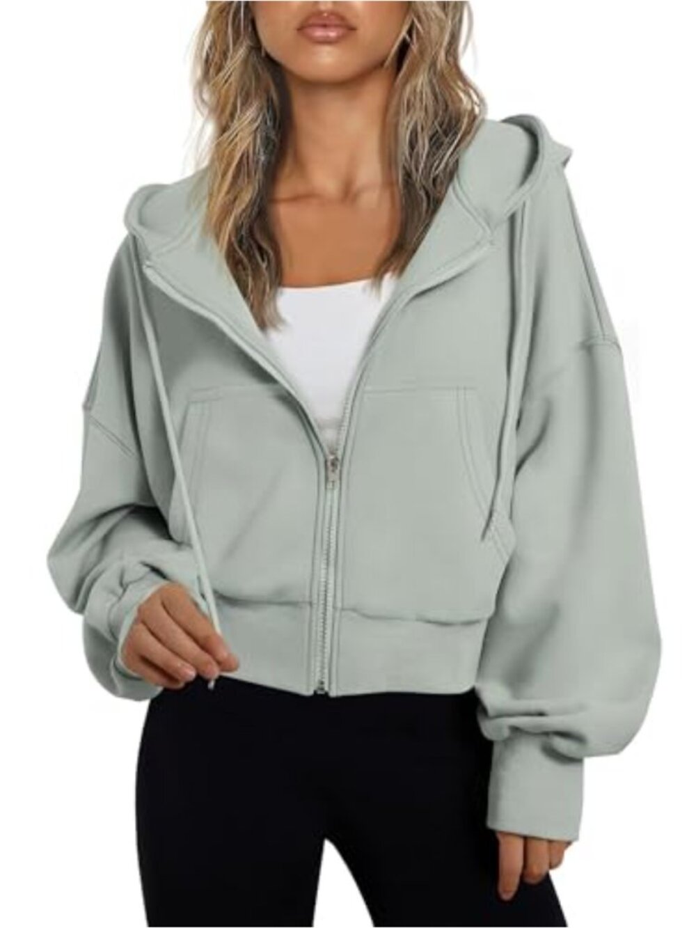 Oversized Cropped Zip Up Hoodie Drop Shoulder Pockets Sweatshirt